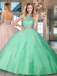 Halter Top Backless Tulle Sleeveless Floor Length Ball Gown Prom Dress and Beading and Ruffles