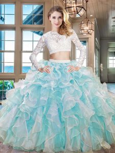 Scoop Long Sleeves Floor Length Zipper Quinceanera Dress Aqua Blue for Military Ball and Sweet 16 and Quinceanera with B