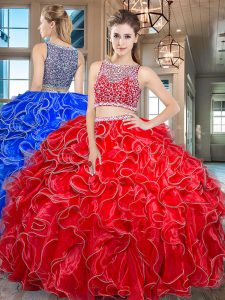 Red Quinceanera Gown Military Ball and Sweet 16 and Quinceanera and For with Beading and Ruffles Bateau Sleeveless Side 