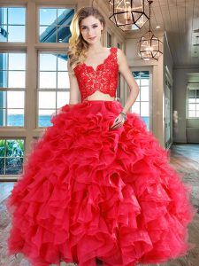Organza V-neck Sleeveless Zipper Lace and Ruffles Sweet 16 Quinceanera Dress in Red