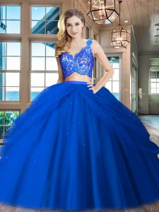 Modern Royal Blue Sleeveless Lace and Ruffled Layers Floor Length Sweet 16 Dresses