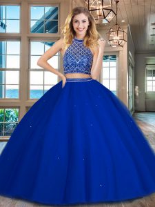 Halter Top Royal Blue Two Pieces Beading 15 Quinceanera Dress Backless Tulle Sleeveless Floor Length