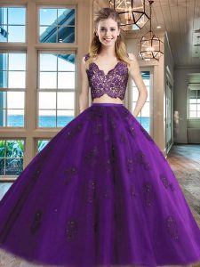 Discount Sleeveless Zipper Floor Length Lace and Appliques Quinceanera Gown
