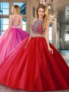 Elegant Red Scoop Backless Beading Sweet 16 Dress Sleeveless
