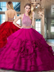 Spectacular Halter Top Sleeveless With Train Beading and Ruffles Backless Quinceanera Dress with Fuchsia Brush Train