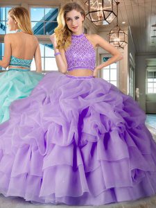 Luxury Halter Top Beading and Ruffled Layers and Pick Ups Ball Gown Prom Dress Lavender Backless Sleeveless Brush Train