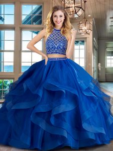 Backless Halter Top Sleeveless Sweet 16 Quinceanera Dress Brush Train Beading and Ruffles Royal Blue Tulle
