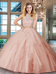 Suitable Halter Top Sleeveless Tulle Floor Length Backless Quince Ball Gowns in Pink with Beading and Ruffles
