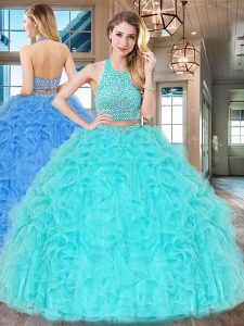 Spectacular Halter Top Sleeveless Floor Length Beading and Ruffles Backless Sweet 16 Quinceanera Dress with Aqua Blue