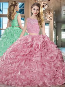 Clearance Organza Bateau Sleeveless Brush Train Lace Up Lace and Ruffles 15th Birthday Dress in Pink
