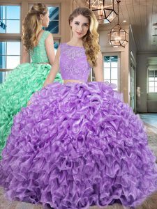Lavender Two Pieces Bateau Sleeveless Organza Floor Length Lace Up Lace and Ruffles Quinceanera Dress