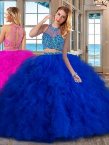 Captivating Royal Blue Sleeveless Tulle Brush Train Lace Up 15th Birthday Dress for Military Ball and Sweet 16 and Quinc