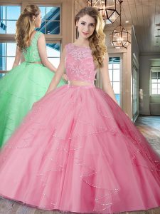 Brush Train Two Pieces Sweet 16 Quinceanera Dress Rose Pink Bateau Tulle Sleeveless With Train Lace Up