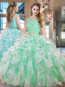 Ideal Apple Green Organza Lace Up Sweet 16 Dresses Sleeveless Floor Length Lace and Ruffles