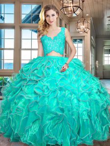 Charming Organza V-neck Sleeveless Zipper Lace and Ruffles Quince Ball Gowns in Turquoise