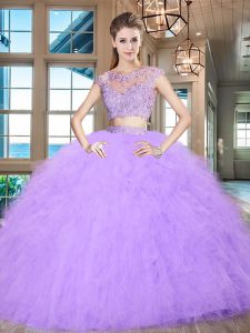 Hot Sale Scoop Lavender Cap Sleeves Tulle Zipper Ball Gown Prom Dress for Military Ball and Sweet 16 and Quinceanera