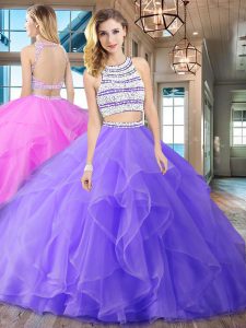 Lavender Scoop Neckline Beading and Ruffles Sweet 16 Quinceanera Dress Sleeveless Backless