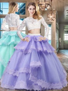 Scoop Beading and Lace and Ruffled Layers Quince Ball Gowns Lavender Zipper Long Sleeves Floor Length