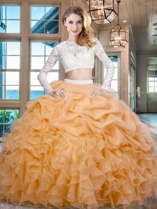Organza Scoop Long Sleeves Zipper Beading and Lace and Ruffles Sweet 16 Dresses in Gold