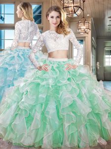 Scoop Apple Green Long Sleeves Beading and Lace and Ruffles Floor Length Vestidos de Quinceanera