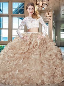 Fabulous Scoop Champagne Sweet 16 Quinceanera Dress Organza Brush Train Long Sleeves Beading and Lace and Ruffles