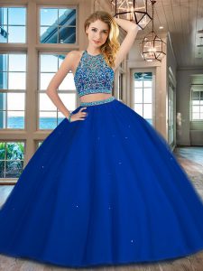 Free and Easy Scoop Backless Floor Length Royal Blue 15th Birthday Dress Tulle Sleeveless Beading