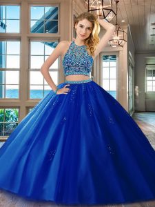 Cute Scoop Floor Length Backless Quinceanera Gown Royal Blue for Military Ball and Sweet 16 and Quinceanera with Beading