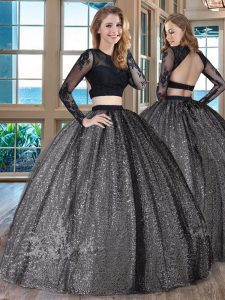 Fashionable Black Scoop Neckline Appliques Quinceanera Gowns Long Sleeves Backless