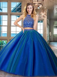 Discount Two Piece HalterHalter Top Halter Top Sleeveless Brush Train Backless Quinceanera Gown Royal Blue Tulle