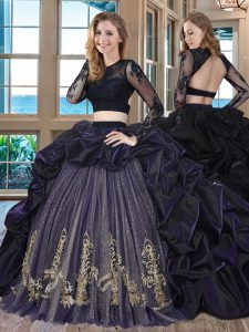 Purple Two Pieces Scoop Long Sleeves Taffeta With Brush Train Backless Embroidery and Pick Ups 15 Quinceanera Dress