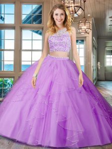 Deluxe Scoop Lilac Backless Sweet 16 Quinceanera Dress Beading and Ruffles Sleeveless Floor Length