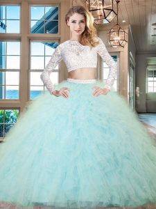 Light Blue Scoop Neckline Beading and Lace and Ruffles Quinceanera Gowns Long Sleeves Zipper