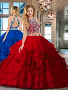 Comfortable Red Two Pieces Organza Scoop Sleeveless Beading and Ruffles Floor Length Backless Sweet 16 Dresses