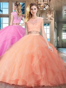 Scoop Peach Cap Sleeves Organza Brush Train Zipper Sweet 16 Dress for Military Ball and Sweet 16 and Quinceanera