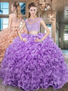 Glorious Scoop Purple Two Pieces Beading and Appliques and Ruffles Sweet 16 Dress Zipper Organza Cap Sleeves Floor Lengt
