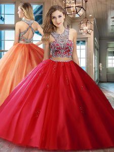 Scoop Red Criss Cross Vestidos de Quinceanera Beading and Appliques Sleeveless With Brush Train