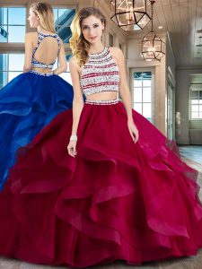 Captivating Scoop Sleeveless With Train Beading and Ruffles Backless Quinceanera Gowns with Wine Red Brush Train