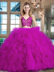 Pretty Fuchsia Two Pieces Lace and Ruffles 15 Quinceanera Dress Zipper Tulle Sleeveless