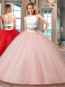Straps Sleeveless Floor Length Beading Backless 15th Birthday Dress with Pink