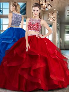 Bateau Sleeveless Tulle Quinceanera Gowns Beading and Ruffles Side Zipper