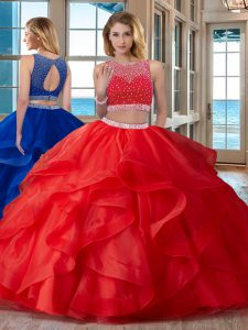 Ideal Red Two Pieces Scoop Sleeveless Organza Floor Length Zipper Beading Ball Gown Prom Dress