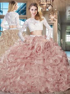 Designer Pink Organza Zipper Scoop Long Sleeves Quinceanera Gowns Brush Train Beading and Lace and Ruffles