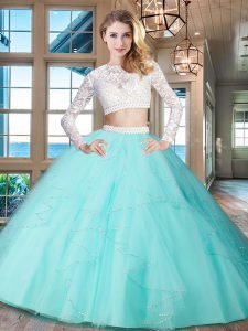 Scoop Aqua Blue Tulle Zipper 15th Birthday Dress Long Sleeves Floor Length Beading and Lace and Ruffles