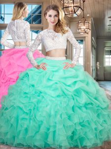 Scoop Long Sleeves Floor Length Zipper Sweet 16 Dresses Apple Green for Military Ball and Sweet 16 and Quinceanera with 
