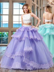 Lavender Tulle Backless Straps Sleeveless Floor Length Sweet 16 Dress Beading