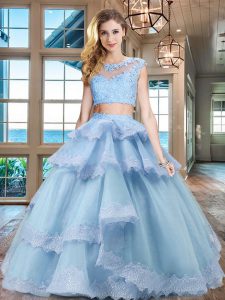 Scoop Light Blue Two Pieces Beading and Lace and Appliques and Ruffled Layers Sweet 16 Dresses Zipper Tulle Cap Sleeves 