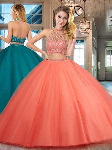 Traditional Orange Red Quince Ball Gowns Military Ball and Sweet 16 and Quinceanera and For with Beading Halter Top Slee