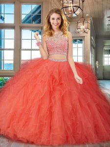 Excellent Scoop Orange Red Sleeveless Floor Length Beading and Ruffles Backless Quince Ball Gowns