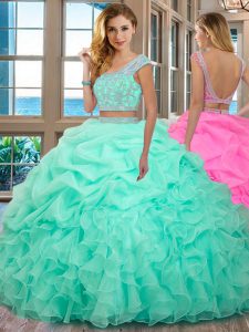 Most Popular Scoop Apple Green Two Pieces Beading and Ruffles 15 Quinceanera Dress Backless Organza Cap Sleeves Floor Le