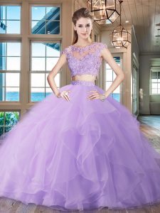 Lavender Zipper Scoop Beading and Appliques and Ruffles Ball Gown Prom Dress Organza Cap Sleeves Brush Train